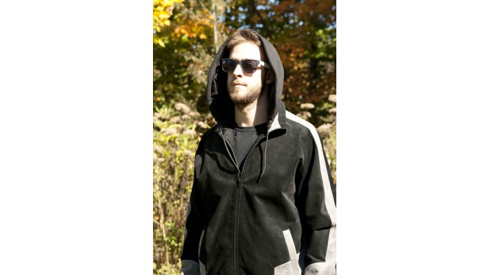 Black and grey suede jacket with hood